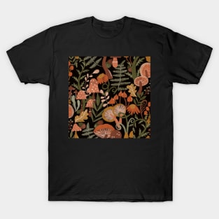 Avery black woodland toadstools earth tones T-Shirt